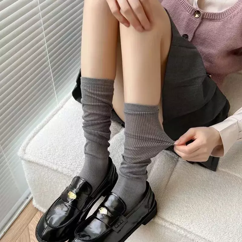 ถุงเท้า2ชิ้นสำหรับผู้หญิงถุงเท้าข้อเข่าถุงเท้าแบบประกบสำหรับผู้หญิงถุงเท้าข้อสูงปานกลาง Y2K ฤดูใบไม้ร่วงฤดูหนาวถุงเท้าลำลองนักเรียนเตรียมประถมเกาหลี