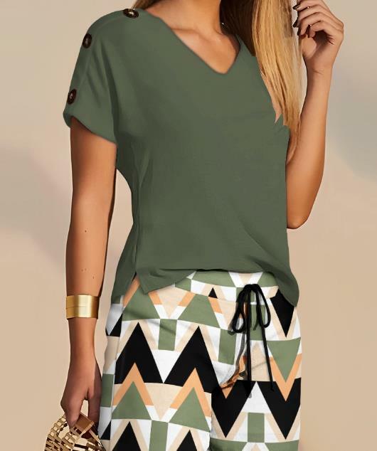 Set pakaian wanita isi dua potong, setelan baju celana pendek pinggang tinggi motif geometris leher V, atasan lengan pendek musim panas 2023