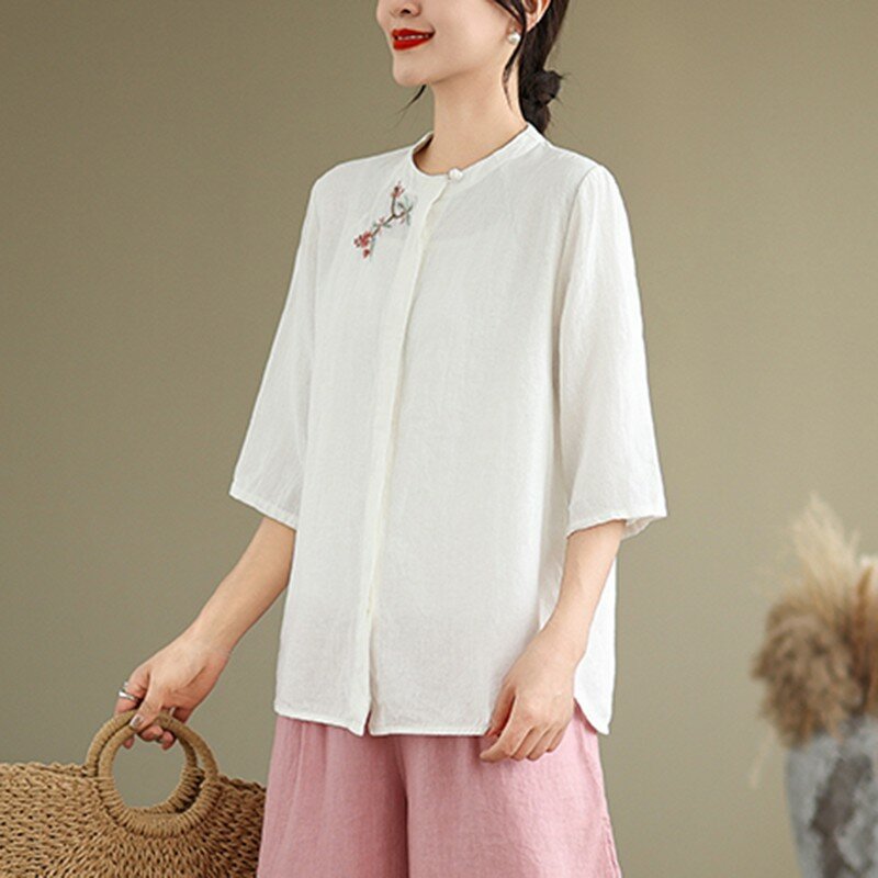 Camisa informal de estilo chino para mujer, blusa Vintage de Cuello medio alto con bordado Floral, novedad de verano, W1829, 2024