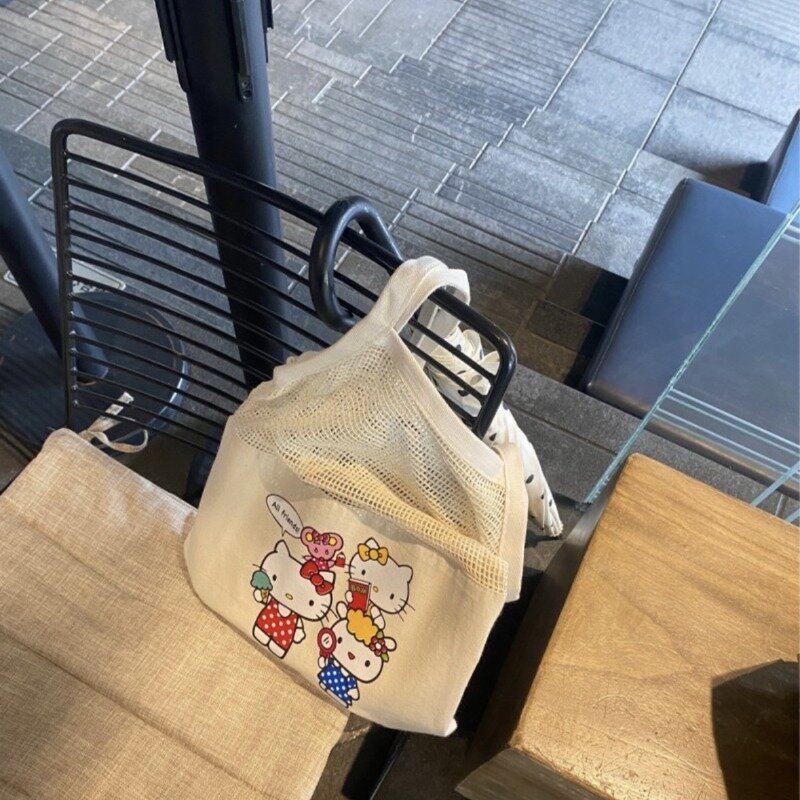 Холщовая Сумка Hello Kitty для отпуска, милый сетчатый вместительный тканый ранец для девушек, дорожный рюкзак через плечо