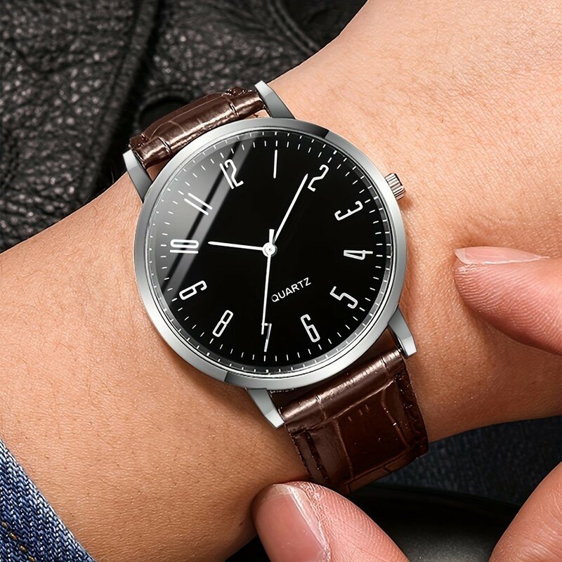 Kegllect นาฬิกาข้อมือผู้ชายธุรกิจวินเทจสายชี้แบบควอตซ์นาฬิกาข้อมือหนัง PU สร้อยข้อมือถักของขวัญสำหรับผู้ชาย