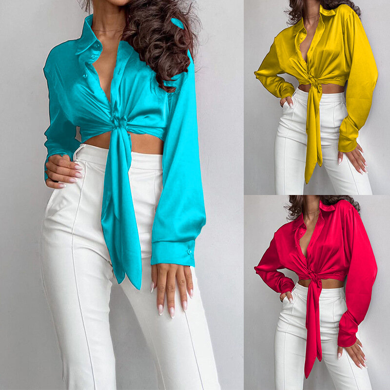 Blusa de manga comprida com gola polo feminina, camisa curta umbilical com vazamento, elegante de botão amarelo com renda, moda