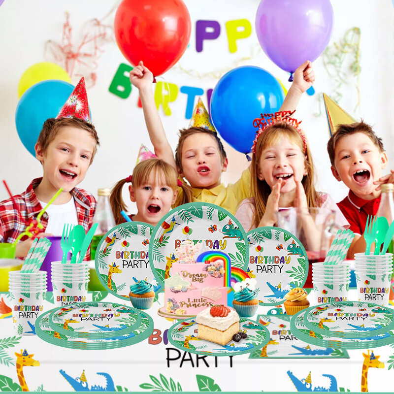 お誕生日おめでとう紙皿ナプキン、パーティー用品、かわいい漫画、クロコダイルプリント、女の子と男の子のための装飾、ベビーシャワー、新しい、10名