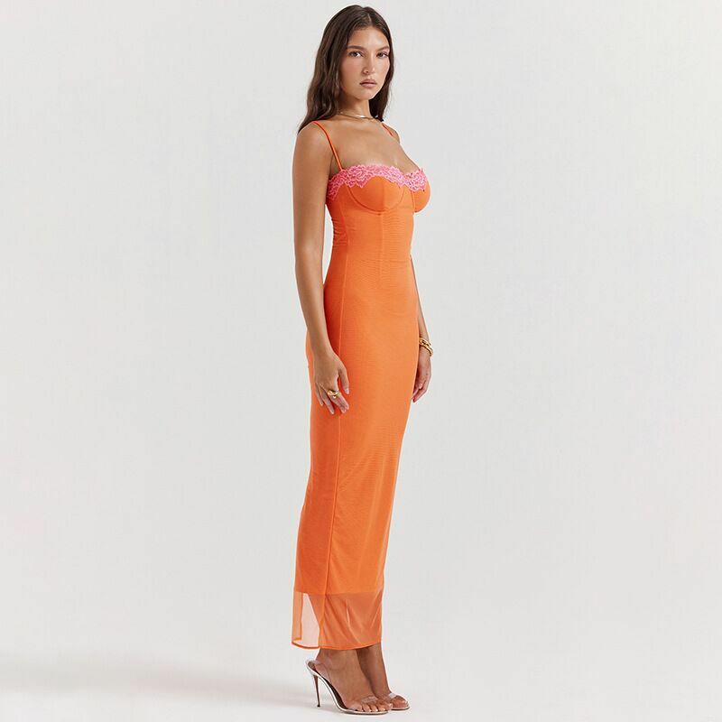 Koronkowa sukienka typu Bodycon Maxi z paskiem Spaghetti damska suknia nowy patchworkowy bez ramiączek bez rękawów, seksowna sukienka klubowa 8760