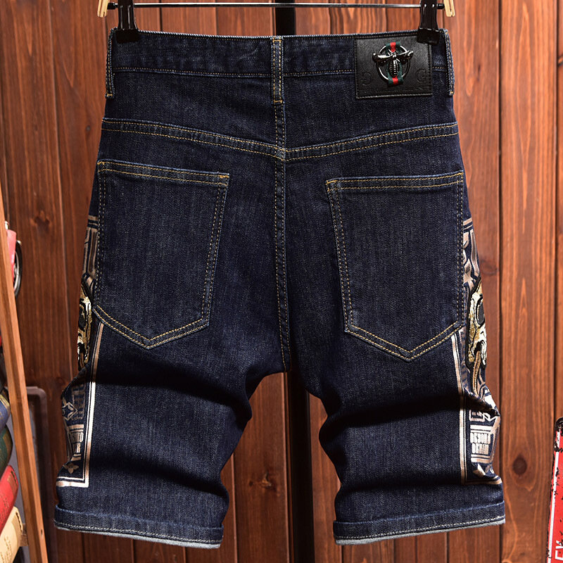 กางเกงแฟชั่น celana pendek DENIM บางสำหรับผู้ชาย, กางเกงห้าสุดหล่อลำลองแนวสตรีทพิมพ์ลายปัก