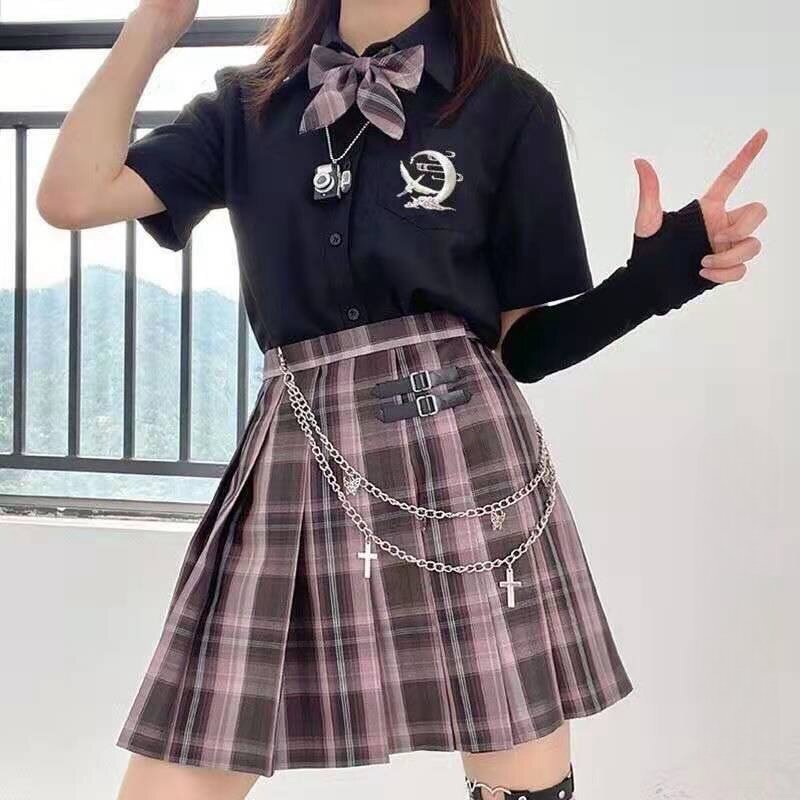 일본 S-2xl 학생 교복 소녀, 네이비 원피스, 귀여운 여성, 섹시한 네이비 JK 세트 셔츠, 플리츠 격자 무늬 스커트 세트