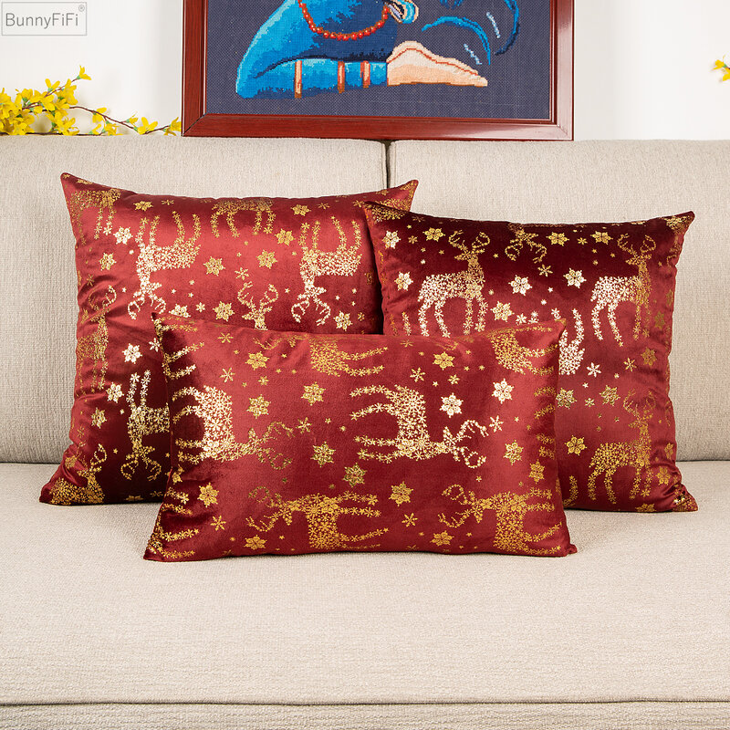 Gold Stamping Cushion Cover Christmas Decoration Deer Snowflake 30x50cm 45x45cm 50x50cm Red Green Soft Pillow Cover Velvet