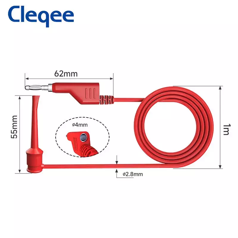 Cleqee p1045 5 stücke test haken clips zu 4mm stapelbaren bananen stecker test führt mini grabber kabel multimeter kupfer 100cm draht