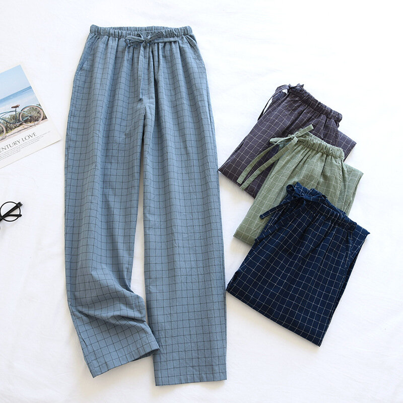 Męskie spodnie od piżamy w kratę Bawełniana piżama Długie spodnie Wiosna Lato Męskie cienkie luźne spodnie do spania Męskie spodnie do spania Plus Size