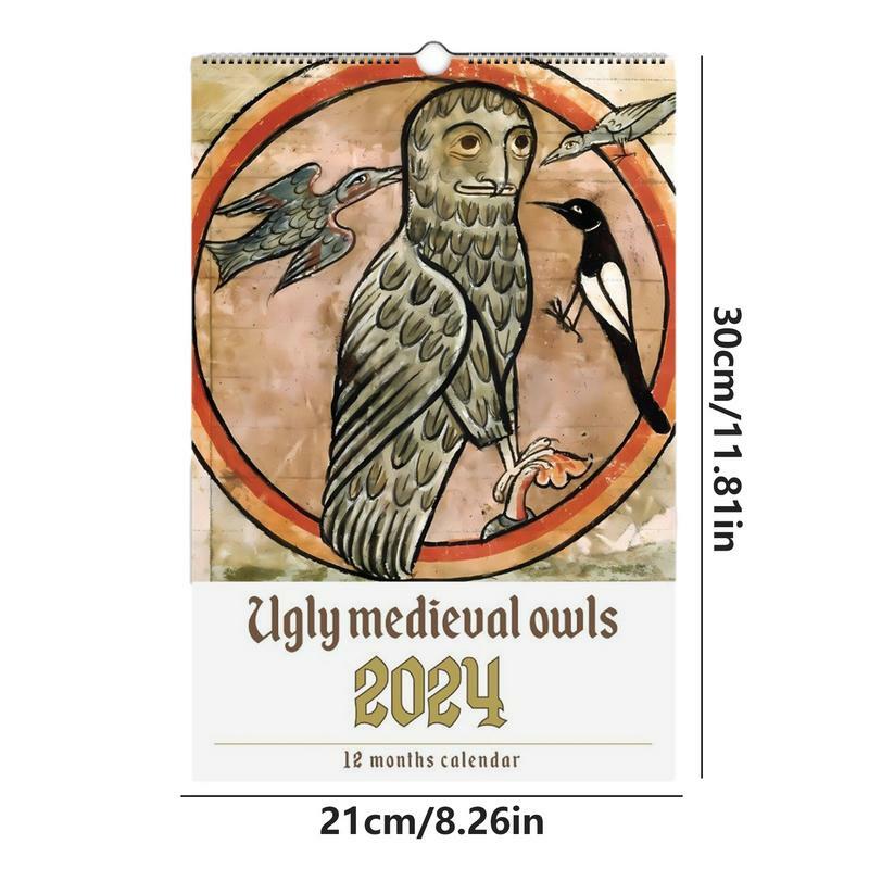 面白い中世フクロウの絵画カレンダー、家族のプランナー、30x21cm、2024、2024