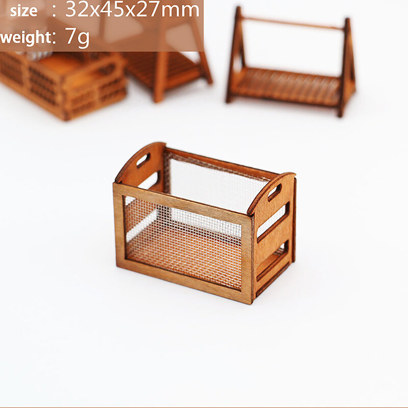 Iron Mesh Storage Box para Dollhouse, Miniature Basket, Storage Basket, Decoração Acessórios, Madeira, 1:12
