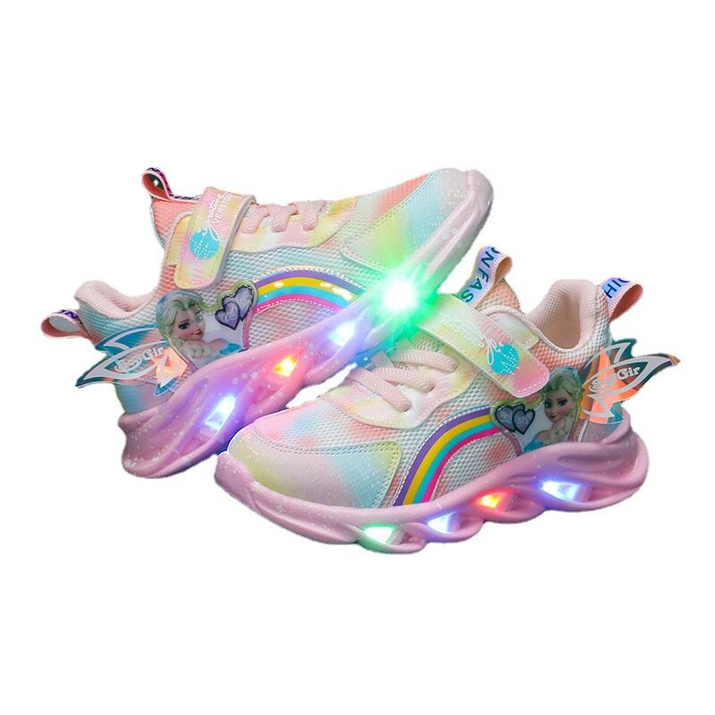 Disney-zapatos informales para niña, zapatillas deportivas transpirables de malla con luces Led, princesa Elsa, rosa, púrpura, talla 22-37