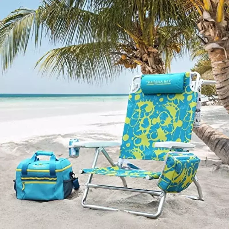 Cadeira de praia reclinável para adultos, 5 posições Lay Flat Lounge Chair, Heavy Duty, mochila portátil dobrável, Old Bahama Bay