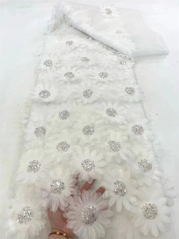 Luxo Africano frisado renda tecido de tule, 3D flor bordada Applique tecido, Material de tule francês, branco, 5 jardas, 2024