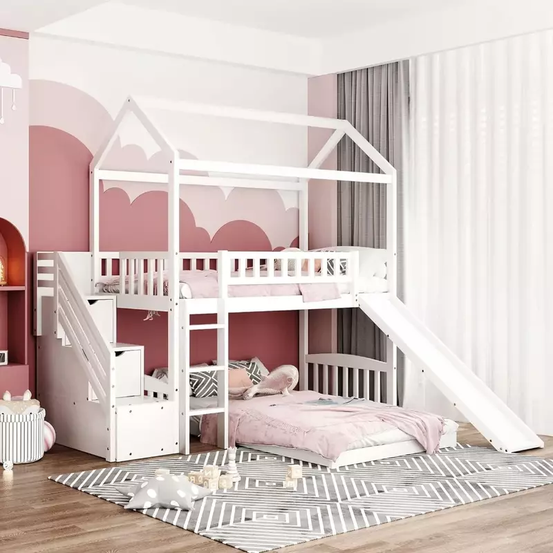 إطار سرير بطابقين مع درجين ، زحليقة ، سلالم وحواجز ، إطار سرير أبيض من الخشب الصلب للأطفال