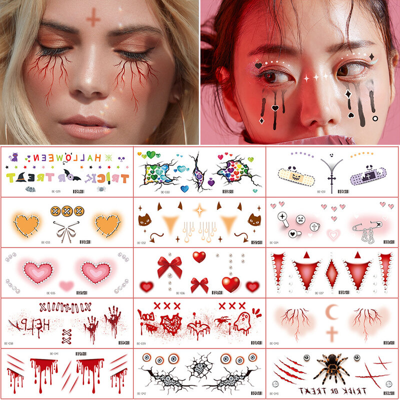Halloween tatuagem temporária adesivos, impermeável, sexy, sangrento, maquiagem, zumbi, cicatriz, decoração, sangue horror