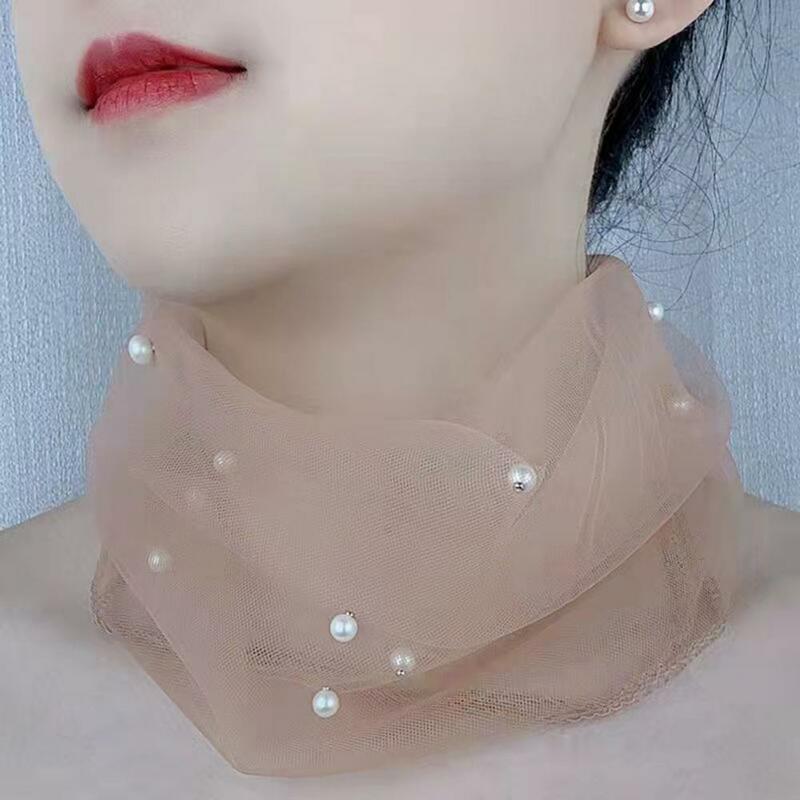 Bufanda de encaje de Organza elástica de perlas de imitación de decoración de cuello de Color sólido, envoltura de cuello elástica multifuncional elegante
