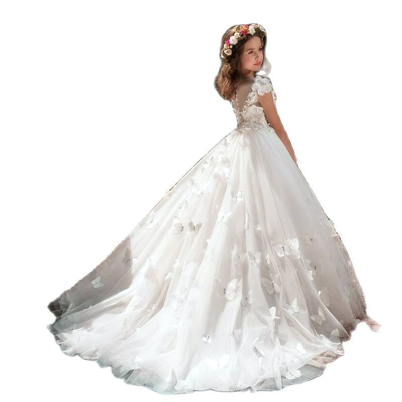 Gaun perempuan bunga putih elegan untuk pernikahan Tulle kupu-kupu 3d Applique gaun kontes pesta ulang tahun anak gaun Komuni Pertama