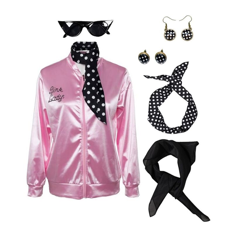 Cosplay Pink Ladies Grease Costume Retro Jacket Fantasia Cheerleader Adulto Mulheres Meninas Pink Autumn Coat Halloween Party Suit