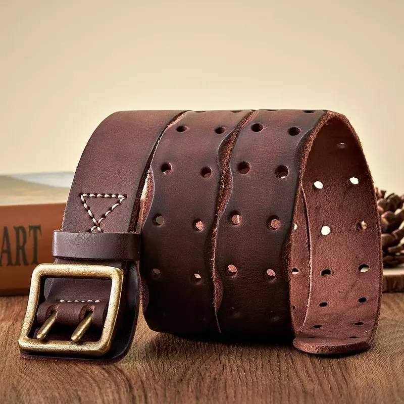 Cinturón de cuero genuino grueso para hombre, Correa ancha de cuero de vaca Real, hebilla de doble punta, Vintage, vaquero