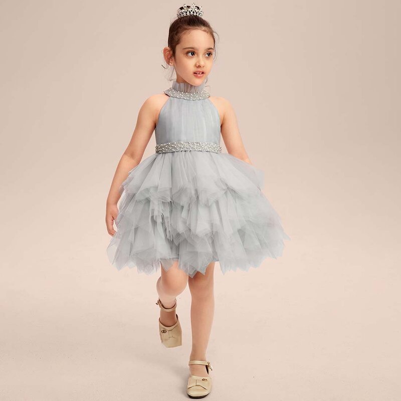 YZYmanualroom Тюль Цветочное платье для девочки бальное платье принцессы с высоким воротником длиной до колена