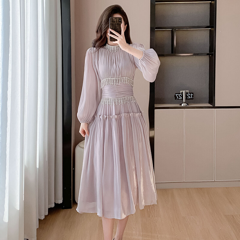 Женское облегающее платье средней длины, роскошное весеннее платье из органзы с воротником-стойкой и бахромой со стразами, оборками и пышными рукавами, дизайнерское платье во французском стиле