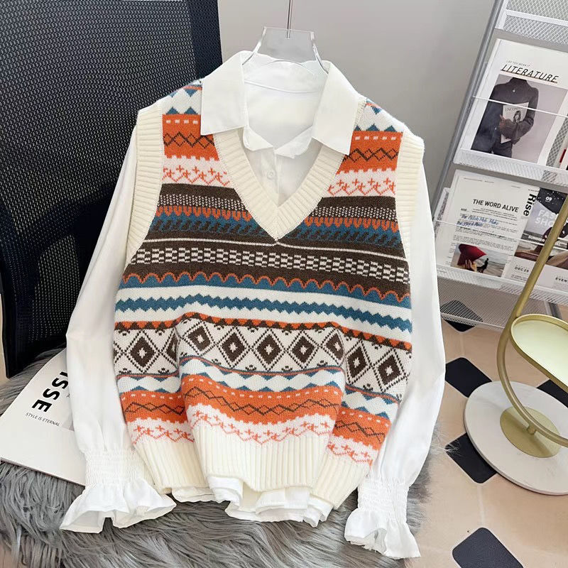 Knitted vest for women's spring and autumn clothing 2024 new ethnic style sweater vest+shirt two-piece set