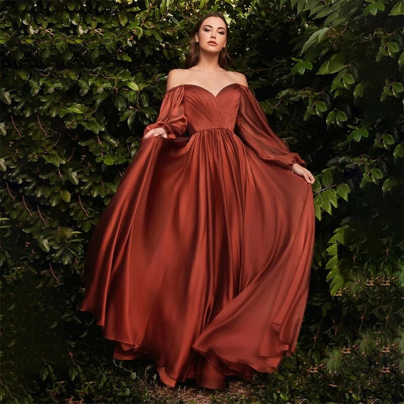 Long Sleeves Pleated Graduation Prom Gowns Wedding Sweep Train Party Dresses Robe de Soiree Elegant A-Line Evening Dresses 2023
