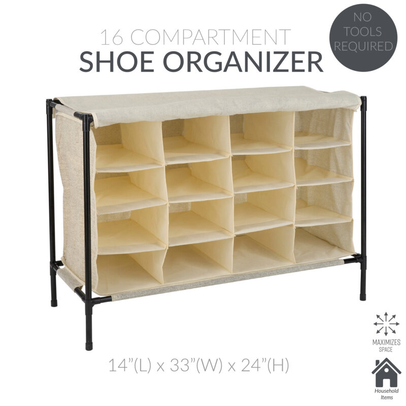 Simplify 4 Tier Fabric 16 Pairs Shoe Cubby Organizer, 16 Compartment, with Cover in Ivory