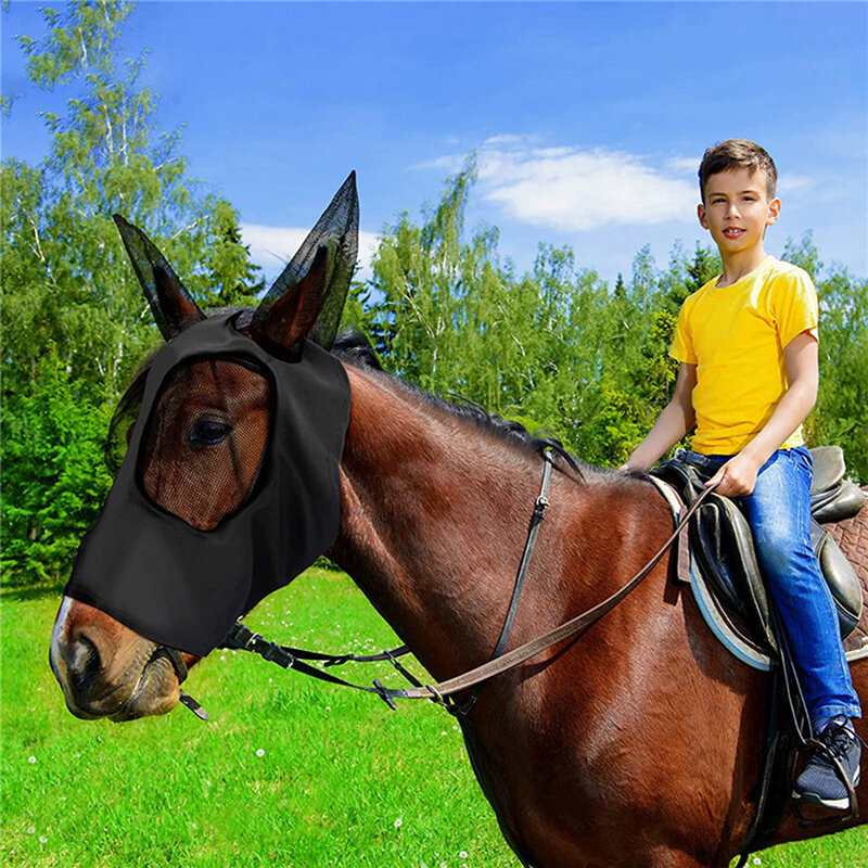 1 buah masker kuda jala Anti lalat masker kuda peregangan Bug mata kuda masker lalat dengan telinga tertutup masker hidung panjang dengan telinga