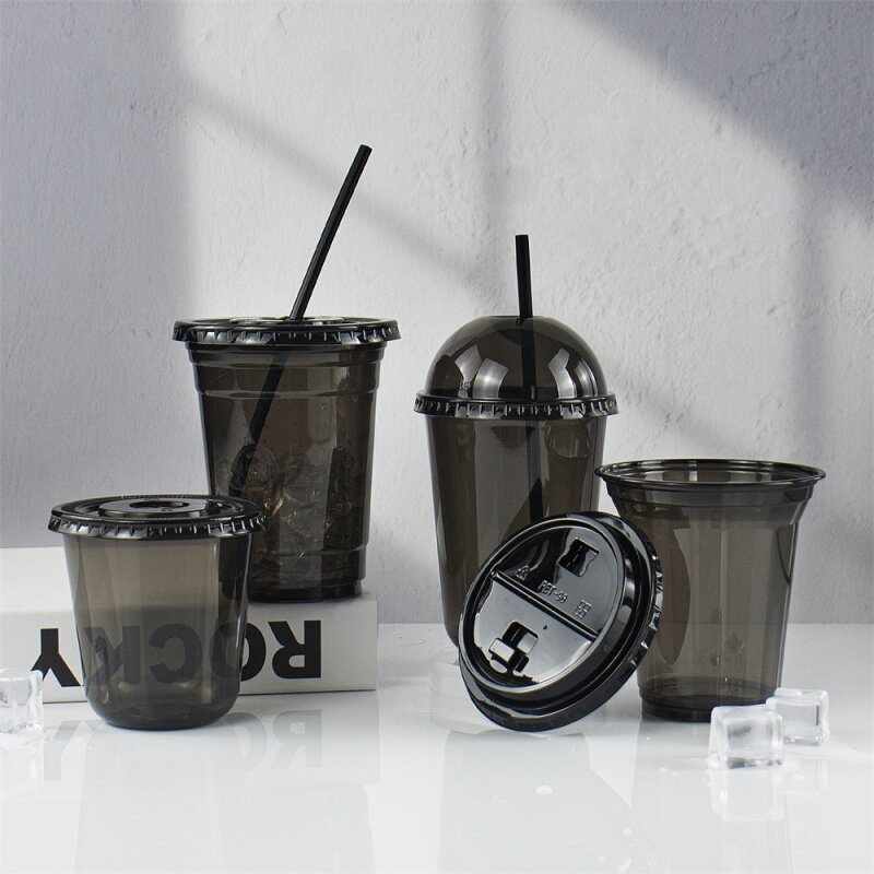 Kunden spezifisches Produkt fabrik kunden spezifisches Logo 12 16 oz in u-Form schwarzes Haustier Kaffeetasse kaltes Getränk Blase Boba Tee Einweg u Form plas