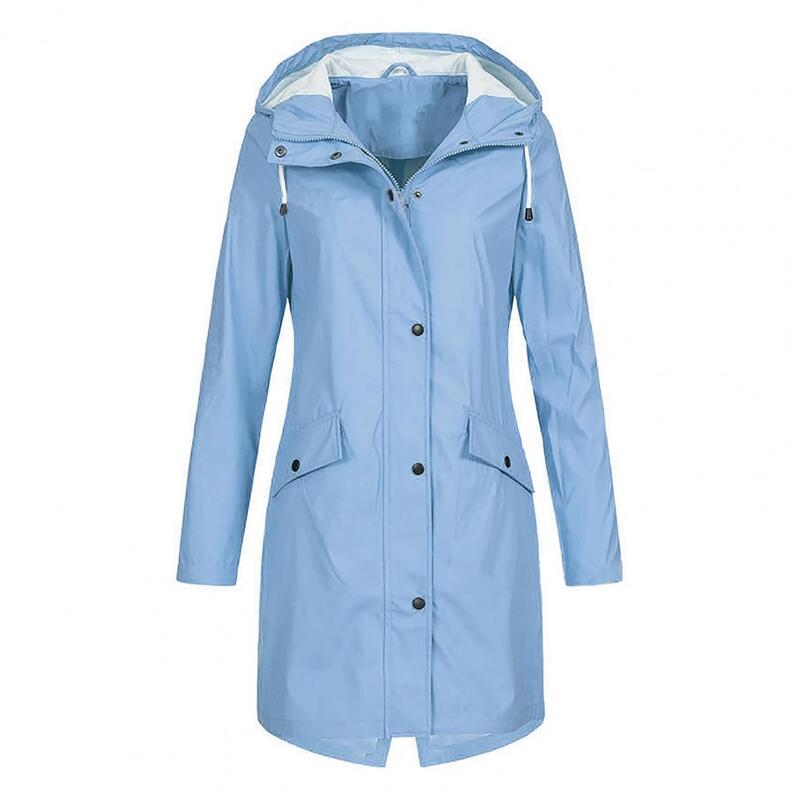 Casaco com capuz com cordão para mulheres, manga comprida, blusão de botão, suporte de zíper, bolsos, jaqueta de comprimento médio, casacos