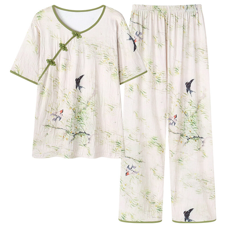 Summer Cotton Pyjamas Female Chinese Style Print Pajamas Sets Round Collar Sleepwear Women Pajamas Short-Sleeve Casual Tracksuit