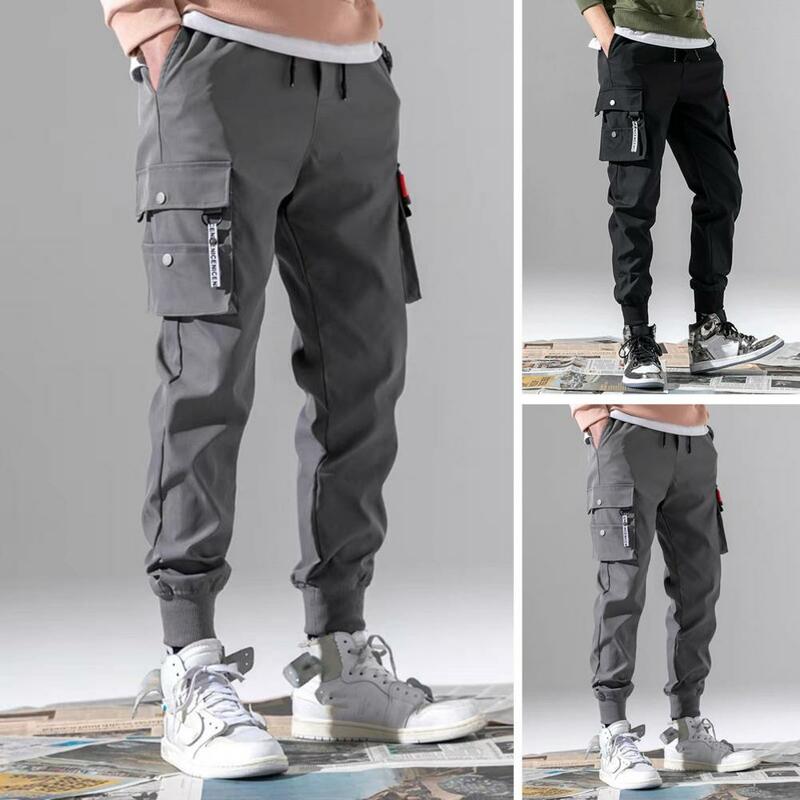 Sports Pants Mid-Rise Anti-pilling Multi Pockets Solid Color Casual Cargo Pants Skin-touching Long Trousers Streetwear