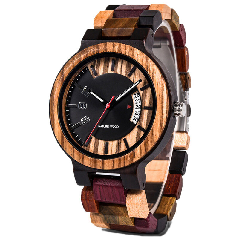 Relógio de pulso masculino com display e calendário, impermeável, resistente a riscos, pulseira de madeira, melhores presentes natalinos, moda
