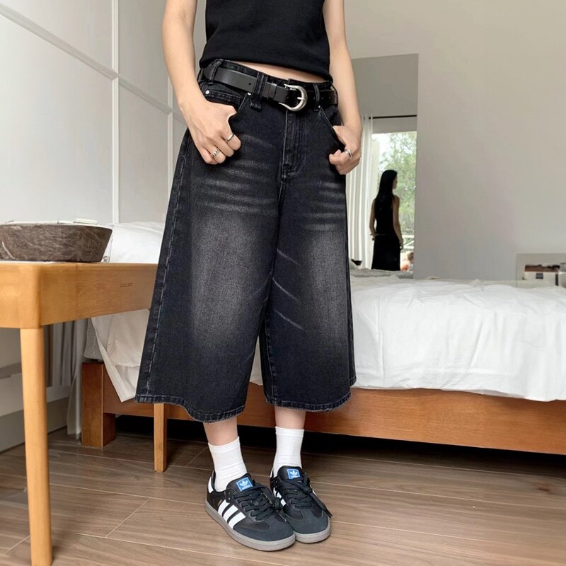 Женские Черные Мешковатые джинсовые шорты Y2k, короткие брюки с широкими штанинами, модные темные джинсы до колена с высокой талией, женские повседневные джинсы