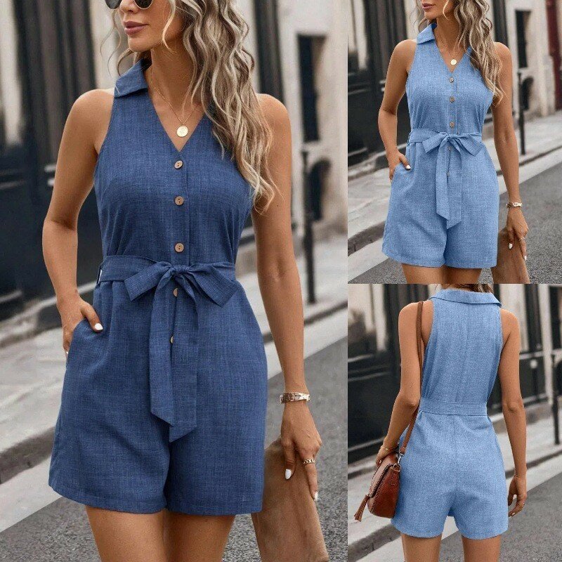 Summer Solid Color Jumpsuits Women 2024 New V Neck Sleeveless Off Shoulder Rompers Buttons Casual Shorts Jumpsuit With Belt Slim