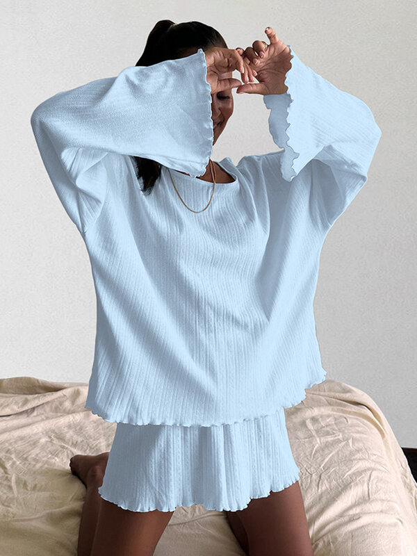 Marthaqiqi 여성용 루즈 블루 잠옷, 세트 O넥 잠옷, 긴팔 잠옷 반바지, 캐주얼 옐로우 홈 의류, 2 피스
