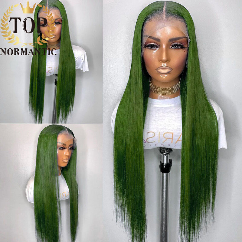 Topnormantic-Peluca de encaje frontal con línea de cabello Natural, pelo humano transparente, textura sedosa, Color verde menta, 13x6