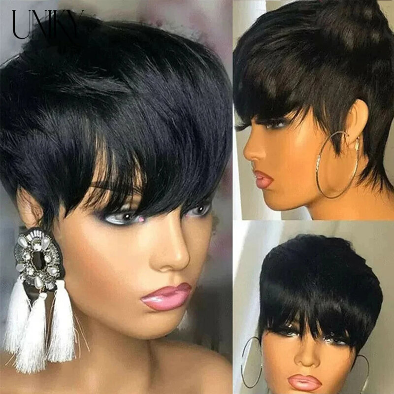 Perruques de cheveux humains droites coupe Pixie pour femmes noires, perruque bresillienne courte, perruques fabriquées à la machine avec frange, perruque sans colle bon marché