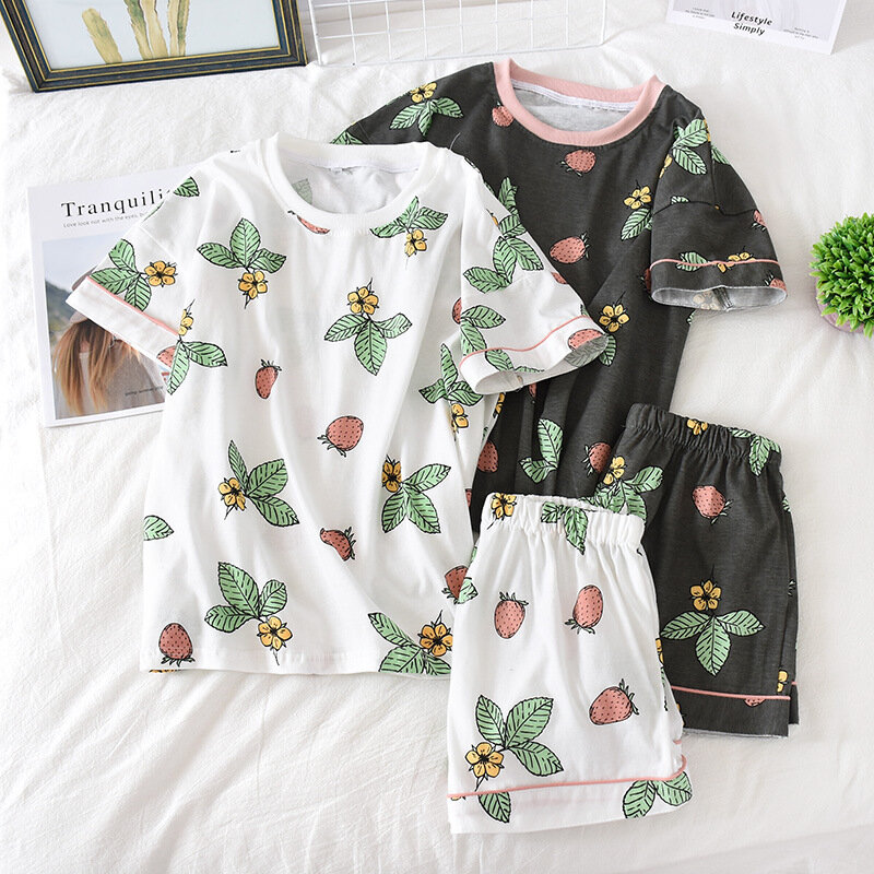 Women's 100% cotton short-sleeved shorts in summer pajamas cartoon summer sports and leisure two-piece suits can be worn out