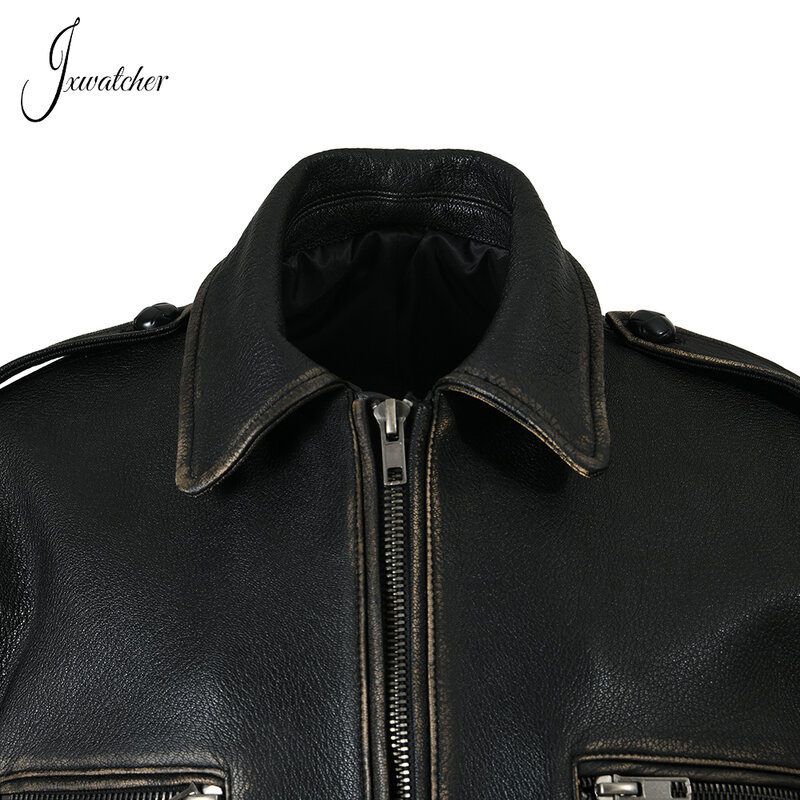 Jxwatcher-Chaqueta de cuero auténtico para mujer, chaqueta de piel de vaca auténtica con cremallera Vintage, de gran tamaño, a la moda, primavera y otoño, 2023