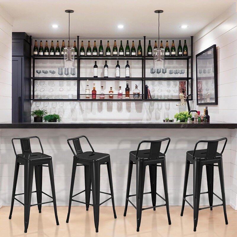 Metal Bar Stools com encosto baixo, Cadeira de Cozinha, Matte Industrial Barstools, Conjunto de 4, Uso Interior e Exterior