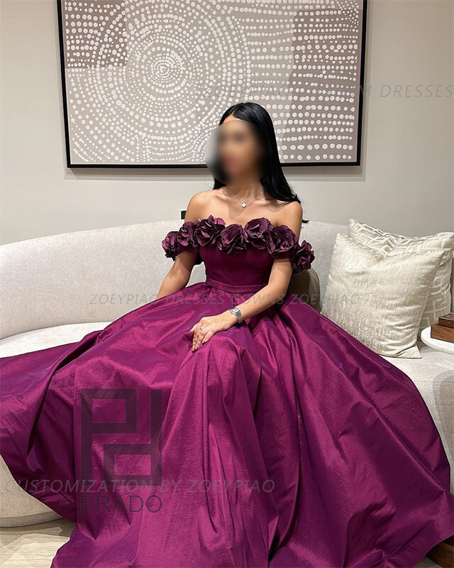 Dark Purple 3D Flowers Strapless Pleat A Line Long Prom Dress Satin Off Shoulder Floor Length Formal Event Evening Gown New