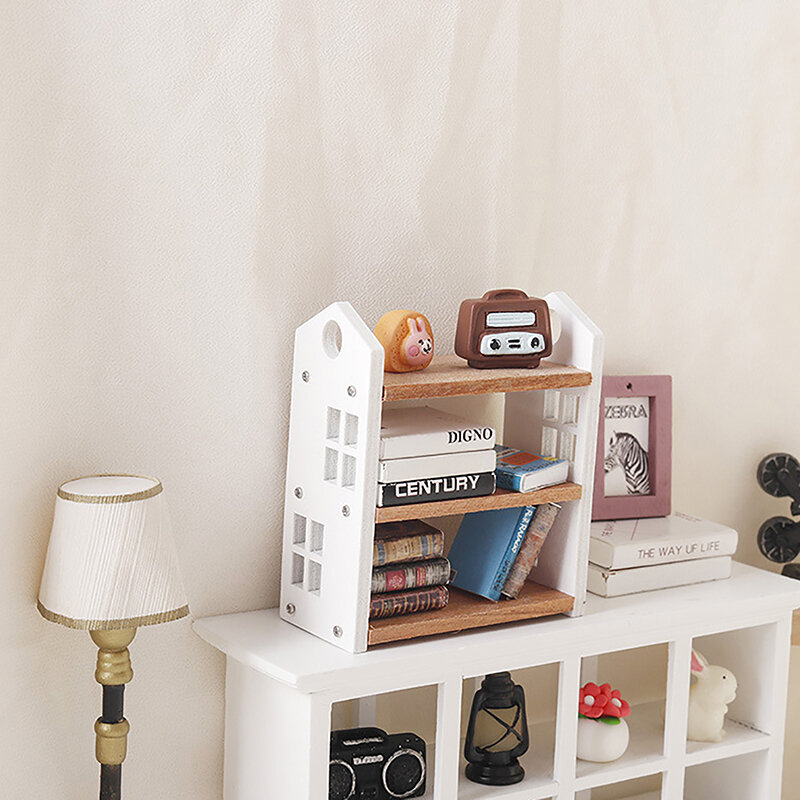 1:12 Dollhouse Miniatur Bookshelf Tiga-Rak Penyimpanan Tingkat Tampilan Stand Model Model Dekorasi Mainan Rumah Aksesoris