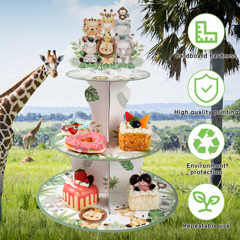 子供のためのジャングル動物カップケーキスタンド、ベビーシャワー、誕生日パーティーの装飾、カップケーキホルダー、ワイルドパーティー用品