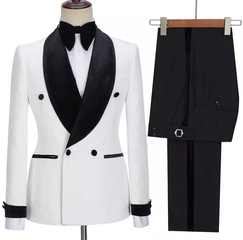 White Jacquard Men Suits Set 2 Piece Blazer+Pants Luxury Prom Groom Wedding Tuxedo Double Breasted Coat Custom Made Jacket