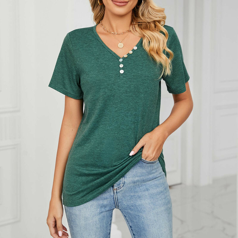 Women's Short Sleeve T Shirts Fashion V Neck Oversized Loose Tops Solid Casual Blouses