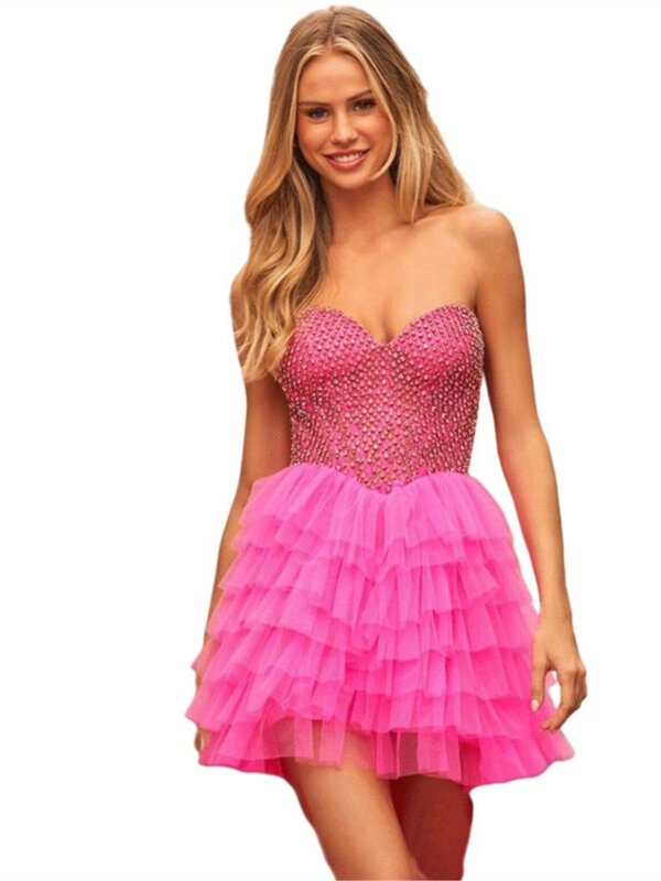 Mini vestido curto de cocktail sem alças, roupa rosa e vermelho com glitter e cristais para decoração em casa, baile e festa de aniversário