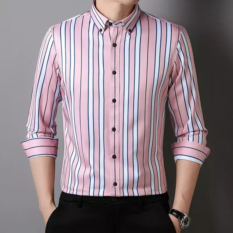 男性のための快適な長袖シャツ,柔らかいビジネスワークシャツ,縦のストライプ,ポケットなし,夏